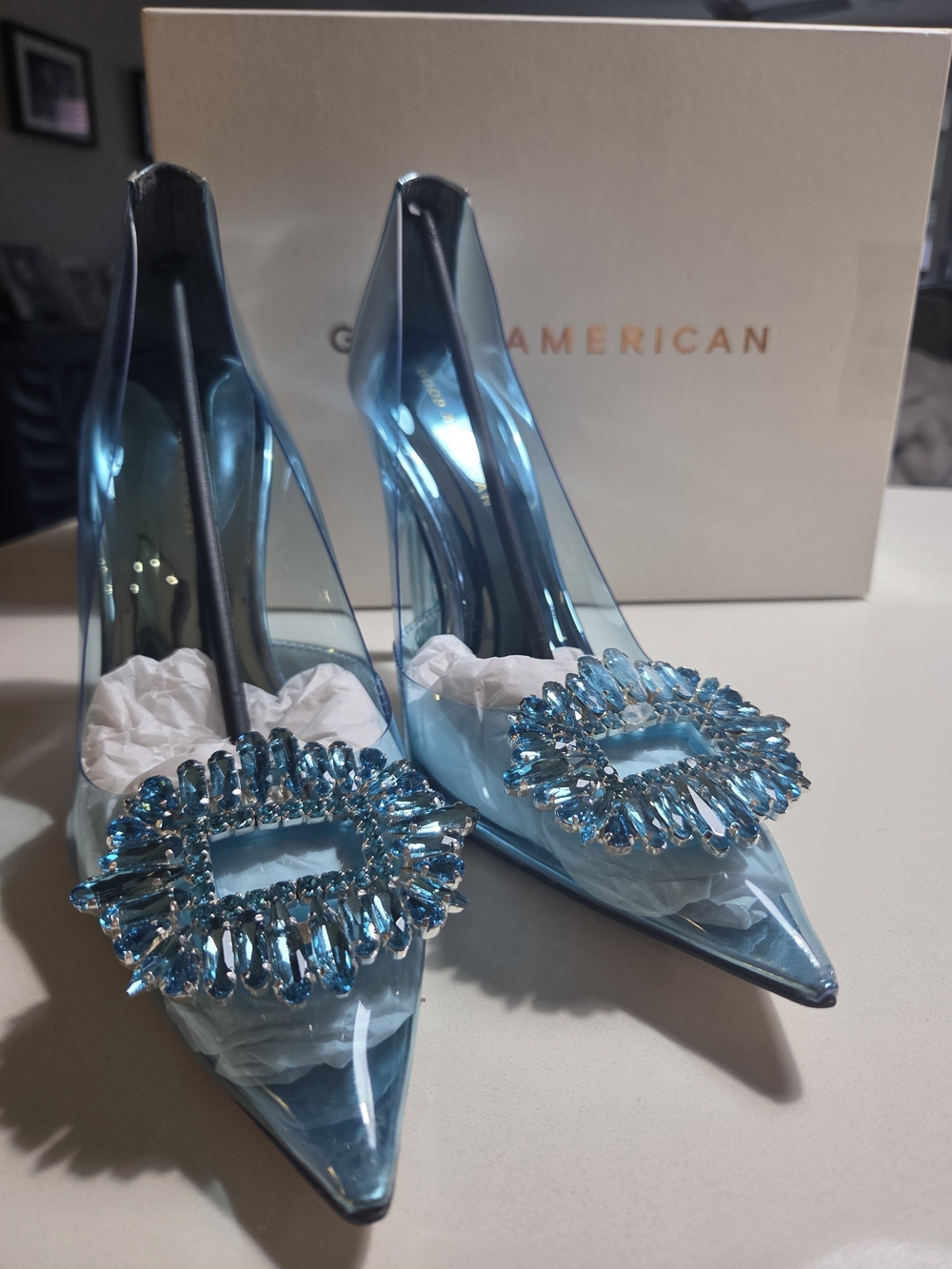 Good American Crystal-Embellished Clear Blue Pointed Toe Heels